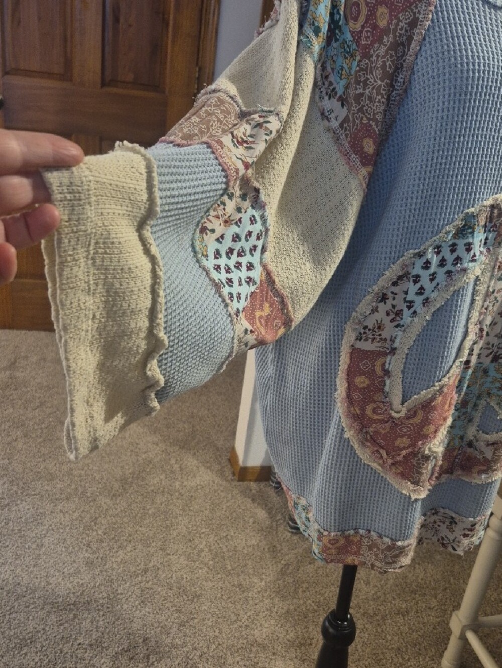 POL Light Blue Waffle Knit Patchwork Peace Sign Sweatshirt - Picture 5 of 9